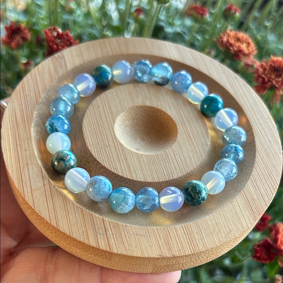 Handmade Jewelry - Handmade Sea Sediment Jasper + dyed Blue Agate + Opalite Beaded Bracelet *